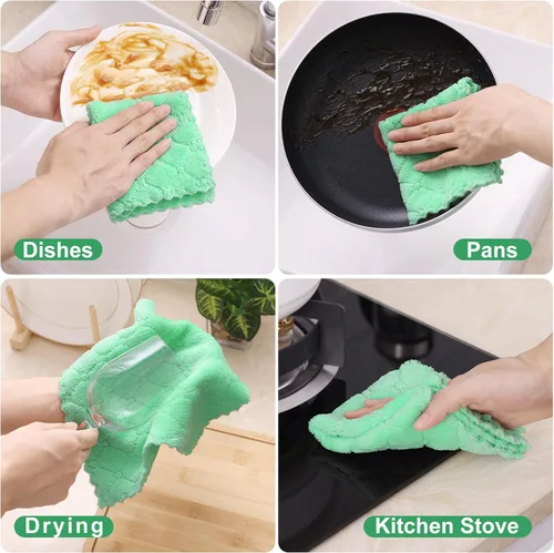 Miniatura 4 de Homaxy - Paquete de 12 trapos de cocina (10 x 10 pulgadas, verde), de terciopelo coral, supersuaves y absorbentes, de secado rápido, paño