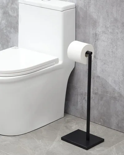 Miniatura 7 de Soporte de papel higiénico independiente para el baño con reserva, soporte de rollo de papel higiénico de acero inoxidable, pedestal negro DECLUTTR