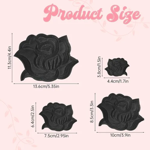 Miniatura 7 de 8 parches de flores de rosas negras para planchar para diseños de ropa, parches de reparación de tela, 4 tamaños bordados, parches de flores
