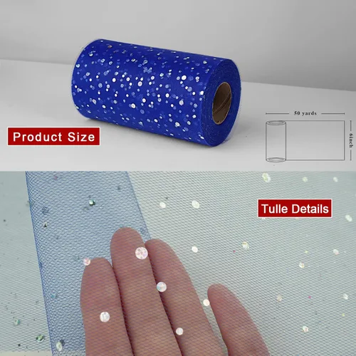 Miniatura 3 de Rollos de tul con purpurina, 6 pulgadas por 50 yardas (150 pies) de tela de tul de tela de tul para faldas tutú, costura, cumpleaños, boda, Azul real