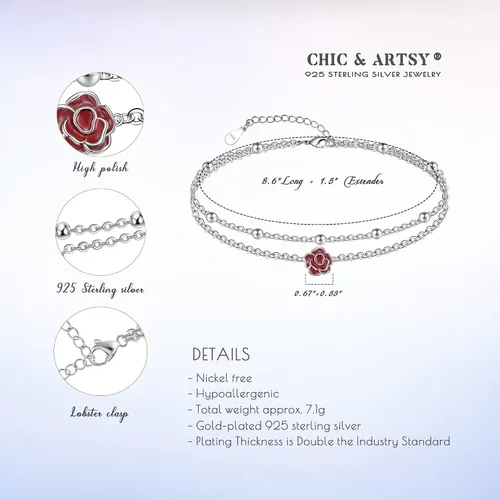 Miniatura 34 de CHIC & ARTSY Tobilleras delicadas de plata de ley S925 para verano, pulsera de tobillo ajustable multicapa para playa, joyería de pie para mujer