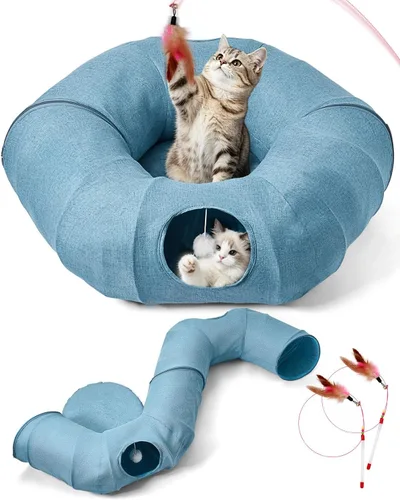 Miniatura 9 de Odoland Cama de túneles para gatos de interior con juguetes interactivos para gatos, tubo para gatos con cojín lavable para gatos pequeños
