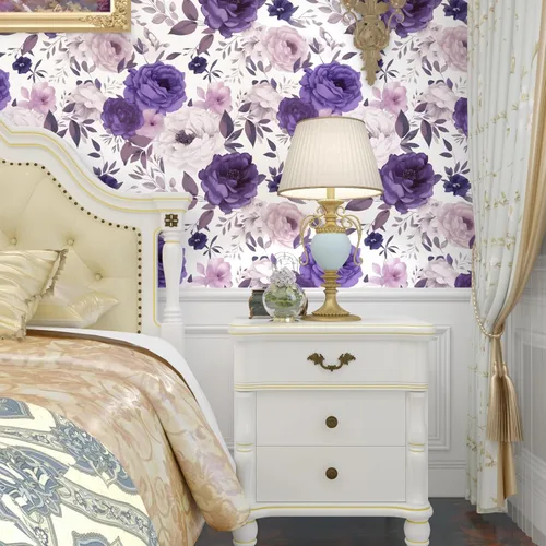 Miniatura 4 de BOKEBEVE Papel de Contacto Floral de Rosas Blancas y Moradas Despegar y Pegar Papel Tapiz Boho Papel de Pared para Encimera de Cocina Gabinete Apto