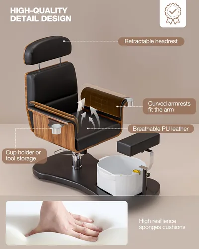 Miniatura 7 de VARONXE Silla de pedicura reclinable giratoria 360, sin fontanería, para tecnología de uñas, estación de pedicura con asiento ajustable, reposapiés