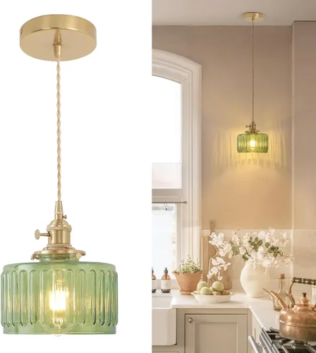 Miniatura 25 de Shenmoyl Lámpara colgante con pantalla de vidrio transparente a rayas, luz colgante vintage de latón, luz colgante ajustable para cocina, isla