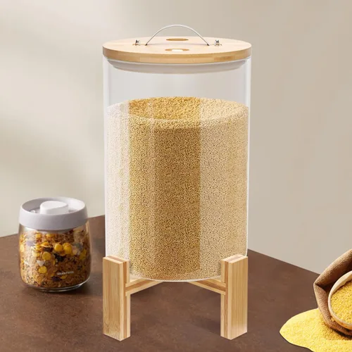 Dispensador de arroz de vidrio, recipiente de almacenamiento de arroz, recipiente de harina y cereales con tapa hermética y soporte, recipiente de
