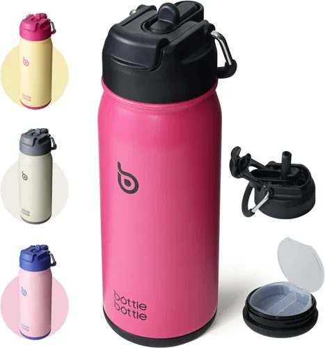 Miniatura 10 de BOTTLE BOTTLE Botella de agua deportiva de 16 onzas de acero inoxidable aislada para niños con pajita y porta pastillas para regalos y la escuela