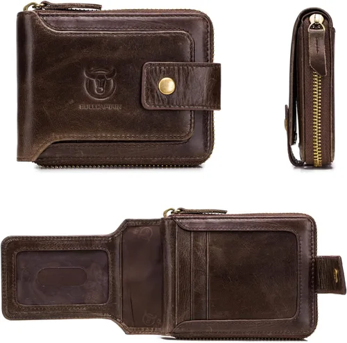 Miniatura 100 de LUKZIJAES Billetera de cuero genuino para hombre, con bloqueo RFID, delgada, plegable, bolsillo frontal, #3-Café, Vintage