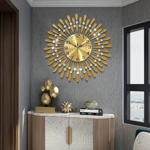 Miniatura 2 de Reloj de pared grande de metal, decorativo, 3D, sin tictac, silencioso, de cuarzo, con números arábigos, para sala de estar, hogar, cocina, Oro ~