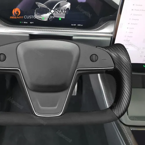 Miniatura 4 de MEWANT Funda para Volante de Coche de Fibra de Carbono Mate y Ante Cosida a Mano para Tesla Yoke Modelo S Plaid 2021-2023 / Modelo X 2021-2023