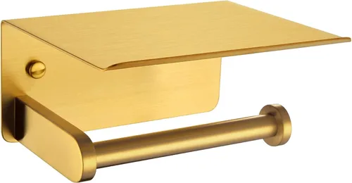 APLusee Soporte de papel higiénico dorado cepillado con estante, colgador de papel higiénico compacto montado en la pared de acero inoxidable 304