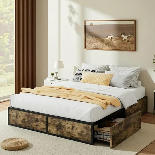 Miniatura 10 de Allewie Marco de cama de metal de tamaño matrimonial con 2 cajones de almacenamiento, marco de acero resistente con paneles de madera de fibropanel