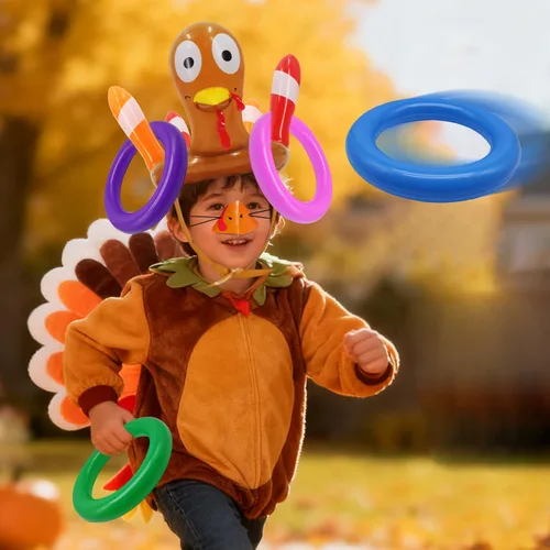 Miniatura 5 de Paquete de 2 juegos de lanzamiento de anillos de Acción de Gracias, juguetes inflables para niños, sombreros de pavo inflables de Acción de Gracias