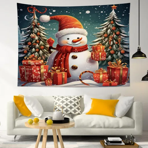 Miniatura 2 de HVEST Tapiz navideño de muñeco de nieve para colgar en la pared, divertido muñeco de nieve con sombrero rojo de Navidad y tapiz de regalo, tapiz