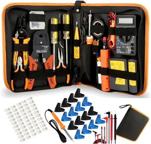 LEATBUY - Herramienta de crimpado CAT5 CAT6, kit de herramienta de crimpado RJ45, 50 conectores RJ45 LAN Ethernet, 50 cubiertas, probador de cables