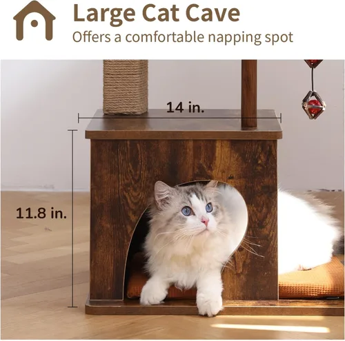Miniatura 6 de FUKUMARU Árbol para gatos, torre grande y moderna 4 en 1 para gatos con poste rascador de yute y hamaca, condominio de madera para gatos con bolas