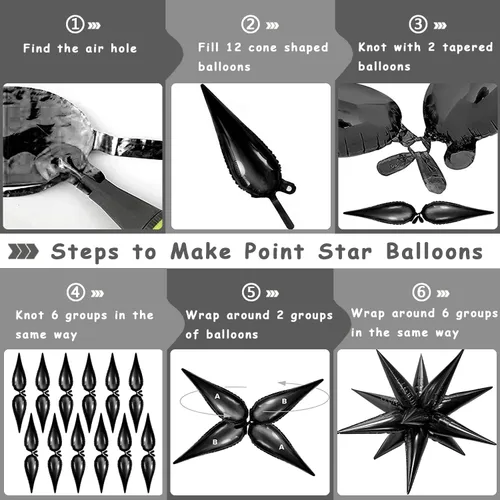 Miniatura 3 de FUNTOOB Globos de estrella negra, globo metálico de papel de aluminio, globos de cono negro, globo con forma de estrella en explosión