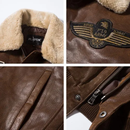 Miniatura 5 de FLAVOR Chaqueta bomber de cuero real para hombre con cuello de piel extraíble Aviator