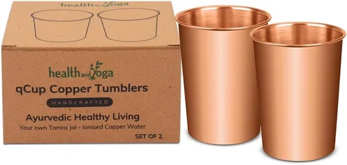 HealthAndYoga™ qCup Vasos de cobre puro para beber, vasos de cobre puro para salud ayurvédica – Juego de 2 piezas – 8.5 fl oz (8 fl oz) (liso)