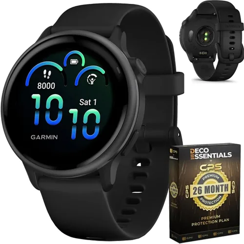 Garmin 010-02985-00 VIVOACTIVE 6 Reloj inteligente para salud y fitness con GPS, color negro con banda de silicona, paquete con 2 años de protección