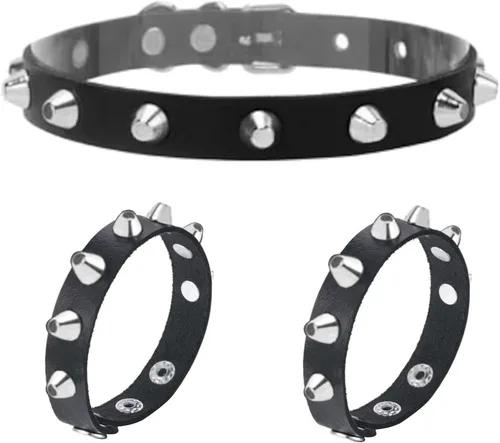 Tosmifairy 3Pcs Leather Goth Jewelry Choker and Bracelets Set Punk Cosplay Costume Accessories for Women Men Teen Girls