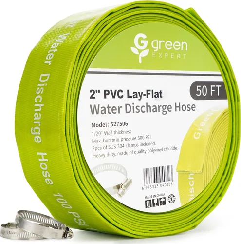 Manguera de descarga plana Green Expert de 2 pulgadas ID, 50 pies con abrazaderas, manguera de drenaje de agua de PVC reforzado de alta resistencia