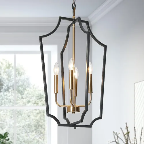 ZEVNI Lámpara de araña negra y dorada, lámpara moderna de 4 luces para comedor, iluminación colgante geométrica de 15.5 pulgadas para cocina, sala