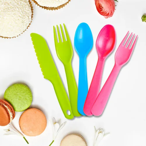 Miniatura 8 de Jawbush 16 utensilios de plástico para niños, utensilios de alimentación reutilizables para niños pequeños con 8 tenedores y 8 cucharas, coloridos