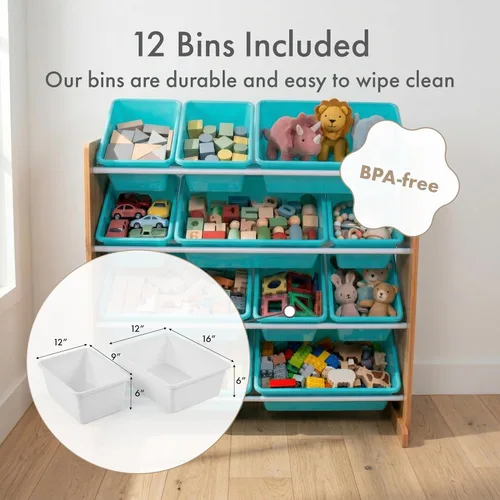 Miniatura 4 de Humble Crew Organizador de almacenamiento de juguetes para niños con 12 cubos de plástico, madera natural/aguamarina, contenedores extraíbles