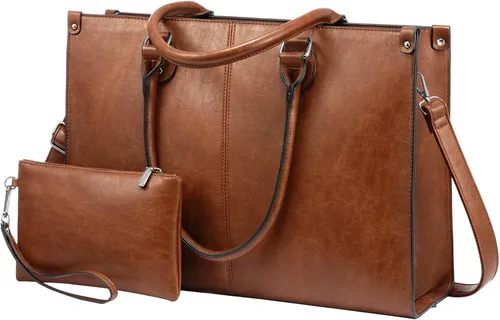 Miniatura 17 de LOVEVOOK Bolsa de mano para laptop para mujer, 15.6 pulgadas, de gran capacidad, de cuero vintage, impermeable, con bolso de mano, regalo ideal