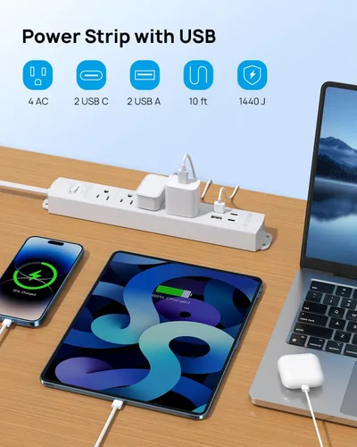 Miniatura 2 de TROND - Tira de alimentación de enchufe plano con cable de extensión plano USB de 10 pies, protector de sobretensión, montaje en pared, 2 puertos