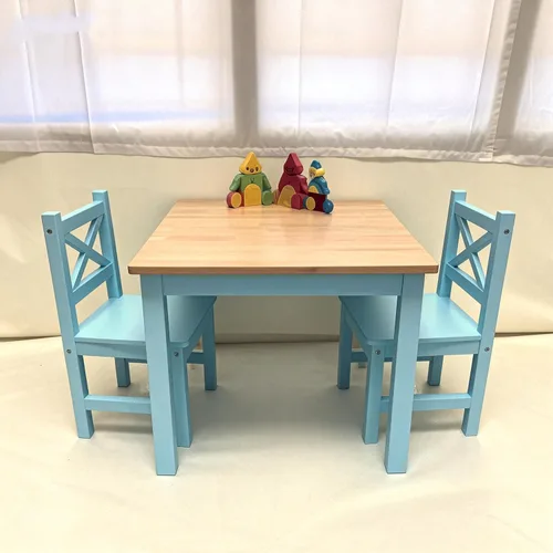 PETIT BATEAU Juego de mesa y 2 sillas de madera maciza para niños, diseño irlandés Montessori Modern AMMEHOELA para niños de 2 a 8 años, azul