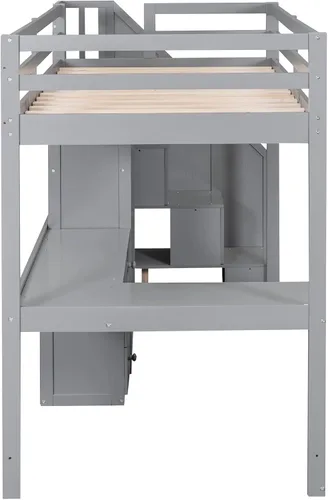 Miniatura 9 de Cama tipo loft de tamaño individual con escritorio en forma de L y 3 cajones, marco de cama de madera con escalera y armario de almacenamiento