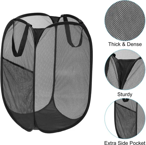 Miniatura 3 de PATIKIL Cesta de malla para lavandería, bolsa plegable con asas para lavandería, viajes, color negro