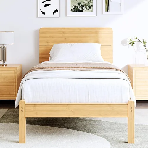 Miniatura 12 de BOSRII Base de cama de madera de bambú maciza de 12 pulgadas de alto tamaño individual con cabecero, listones de metal reforzados, sin ruido,