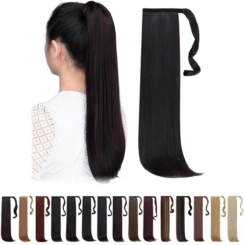 Miniatura 15 de Extensiones de cola de caballo caoba, cola de caballo rizada con clip, 22 pulgadas, 3.5 onzas, extensión de cabello sintético negro, extensión