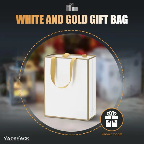 Miniatura 2 de Bolsas de regalo de tamaño mediano con asas de cinta, 10 bolsas de regalo blancas de 8 x 4.25 x 10.5 pulgadas con marco delgado dorado, bolsa