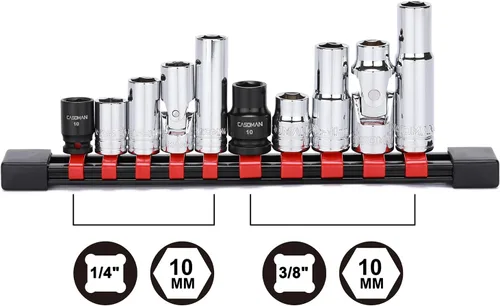 Miniatura 4 de CASOMAN Juego de 10 piezas de enchufe de impacto y enchufe flexible, 1/4" y 3/8" Dr., 6 puntos, 10 mm, métrico, incluye enchufe de impacto