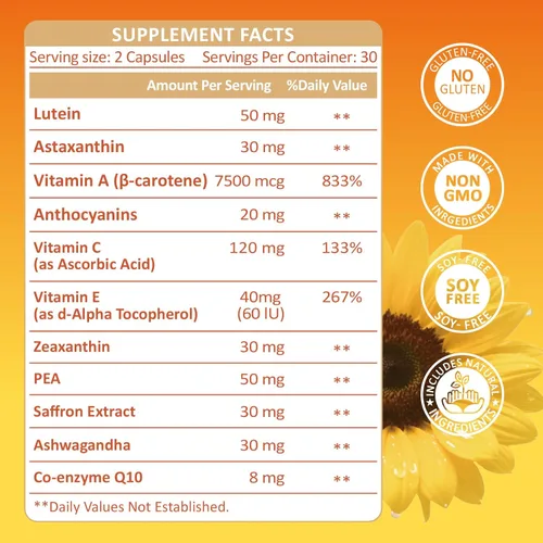 Miniatura 2 de Suplementos de luteína y zeaxantina con astaxantina 50 mg de vitaminas oculares - Luteína premium para apoyo de la visión ocular 180 cápsulas
