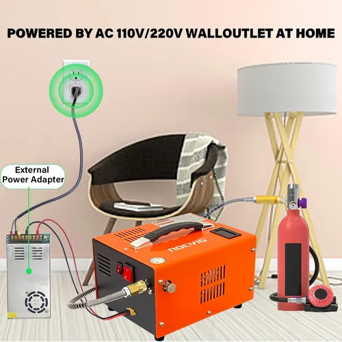 Miniatura 5 de Compresor de aire PCP 4500PSI Compresor PCP portátil, 12V DC/110V AC Compresor PCP para pistolas de aire con parada manual, con adaptador de Naranja