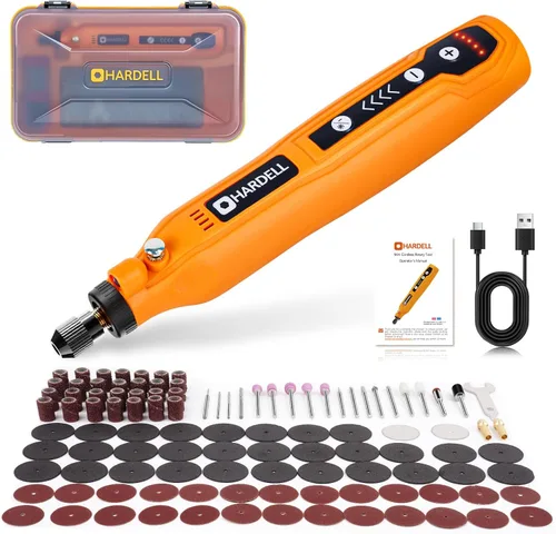 Miniatura 12 de HARDELL - Kit de herramienta rotatoria inalámbrica multiusos mini con 5 velocidades, carga USB y 69 accesorios, 3.7 V para lijar, pulir, perforar