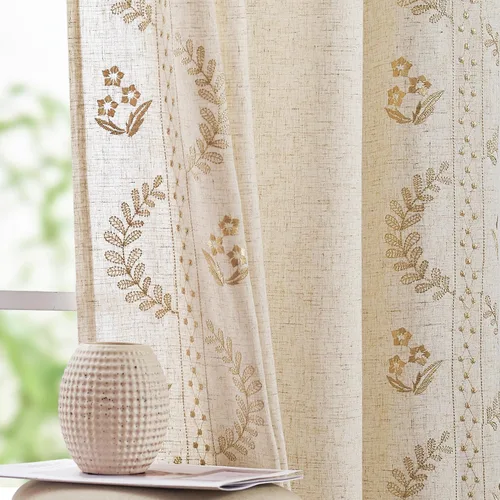JINCHAN - Cortinas de lino Belrose para dormitorio, cortinas florales, de 63 pulgadas de largo, mezcla de lino beige con bordado, cortinas con