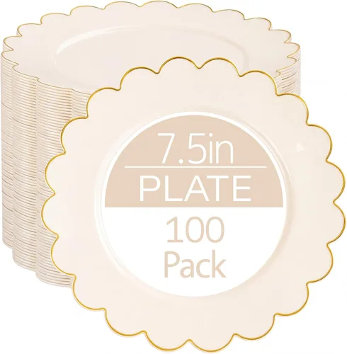 Miniatura 13 de LIYH - 100 platos de plástico azul, bordes festoneados de 7.5 pulgadas, platos desechables para postre/ensalada, color azul con borde dorado, platos