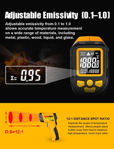Miniatura 6 de NJTY Pistola Termómetro Infrarrojo, -58℉ a 1472℉, Alta Precisión, Sensor de Temperatura Láser Sin Contacto con Pantalla LCD Retroiluminada
