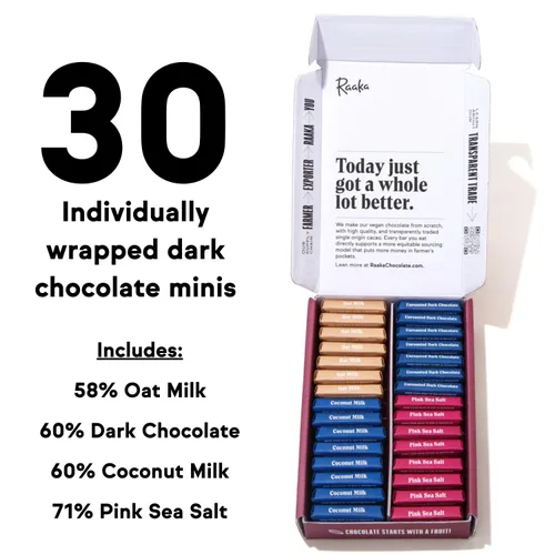 Miniatura 2 de Raaka Caja de regalo de chocolate negro Paquete variado de mini chocolate negro Orgánico, vegano, sin gluten Caja de 30 chocolates envueltos