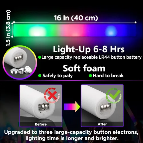 Miniatura 3 de Paquete de 50 varillas de espuma brillantes a granel, palos de espuma LED grandes de 16 pulgadas de largo con 3 efectos intermitentes, suministros