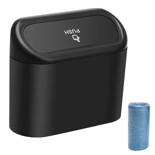 AHIER Cubo de basura pequeño para automóvil con tapa, mini cubo de basura de plástico portátil para colgar con 30 bolsas para automóviles, oficina,
