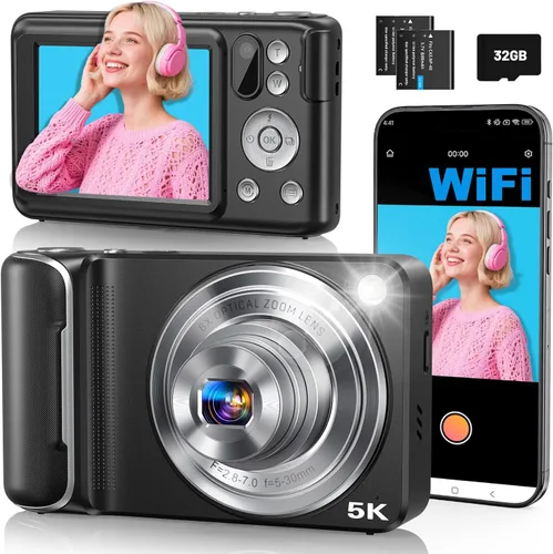 Cámara digital 5K para fotografía, cámara WiFi con pantalla táctil de 64 MP con enfoque automático 6X óptico y zoom digital 16X, cámara de vlogging