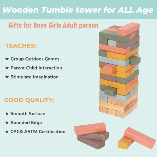 Miniatura 4 de Juegos de apilamiento de bloques de madera, 48 piezas de bloques apilables para niños y familias, bloques de equilibrio coloridos de madera