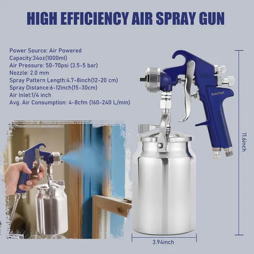 Miniatura 6 de Pistola rociadora de alimentación por sifón de 34 onzas con boquilla de cobre de 0.08 pulgadas, pulverizador profesional de pintura de aire HVLP